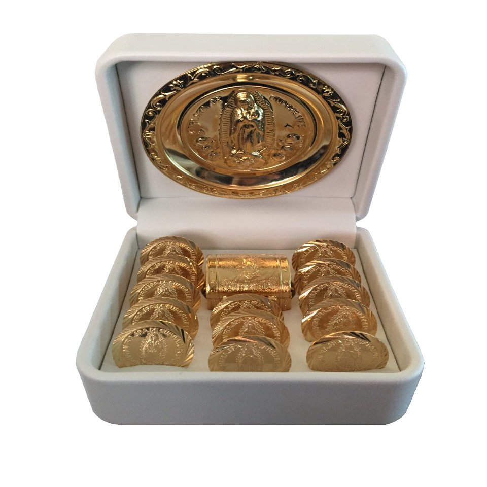 San Rafael Arcangel Arras de Boda - Unity Coins for Catholic Wedding Ceremony - Hand Made with Miniature Chest Box