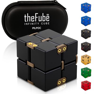 PILPOC theFube Infinity Cube Fidget Toys Adults - Aluminum Infinite Magic Cube with Case, Sturdy, Heavy, Relieve Stress and Anxiety, for ADD, ADHD, OCD, Stocking Stuffers for Teens (Black)