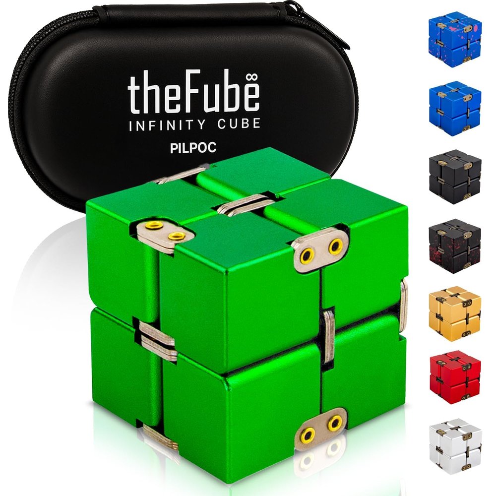 PILPOC theFube Infinity Cube Fidget Desk Toy - Aluminum Infinite Magic Cube with Case, Sturdy, Heavy, Relieve Stress and Anxiety, for ADD, ADHD, OCD (Green)