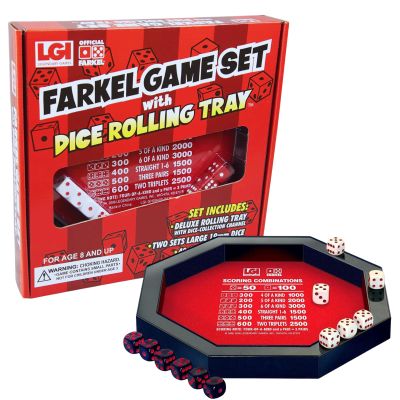 Farkel Game Set with Deluxe Dice Rolling Tray, Built-in Dice-Collection Channel, 2 Sets of Dice, 40-Sheet Scorepad, Classic Family Game