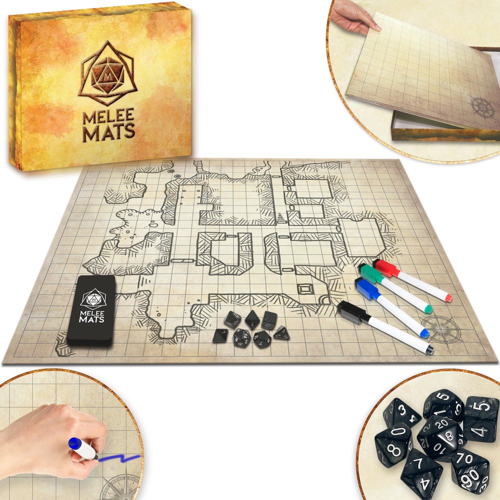 Melee Mats DND Map Starter Set - 23 x 27" Double Sided, Wet & Dry Erase Battle Terrain Grid for Dungeons and Dragons - Tabletop Board Gaming Kit with Accessories