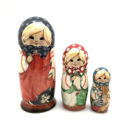 Unique Russian Nesting Dolls Girl with a Cat Hand Painted 3 Piece Stacking Set