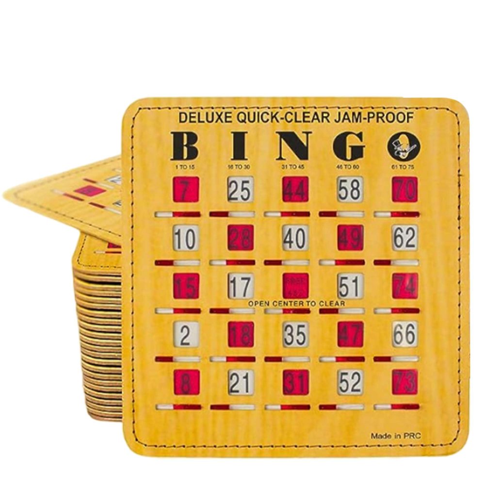 MR CHIPS Jam-Proof Quick-Clear Deluxe Fingertip Slide Bingo Cards with Sliding Windows 25 Pack in Woodgrain Style