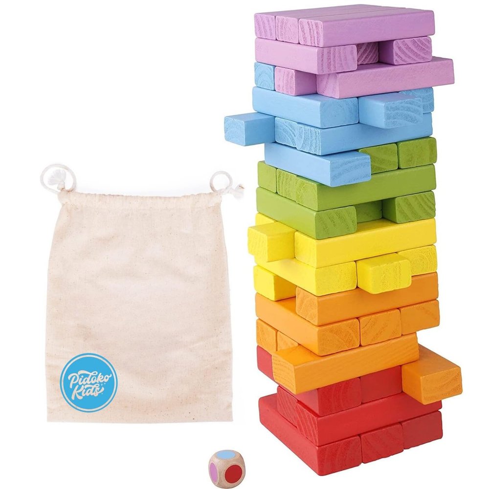Pidoko Kids Wooden Stacking Building Blocks (49 Pcs) - Colorful Tumbling Blocks Board Games for Family Game Night - Montessori Toys Gifts, Includes Storage Bag