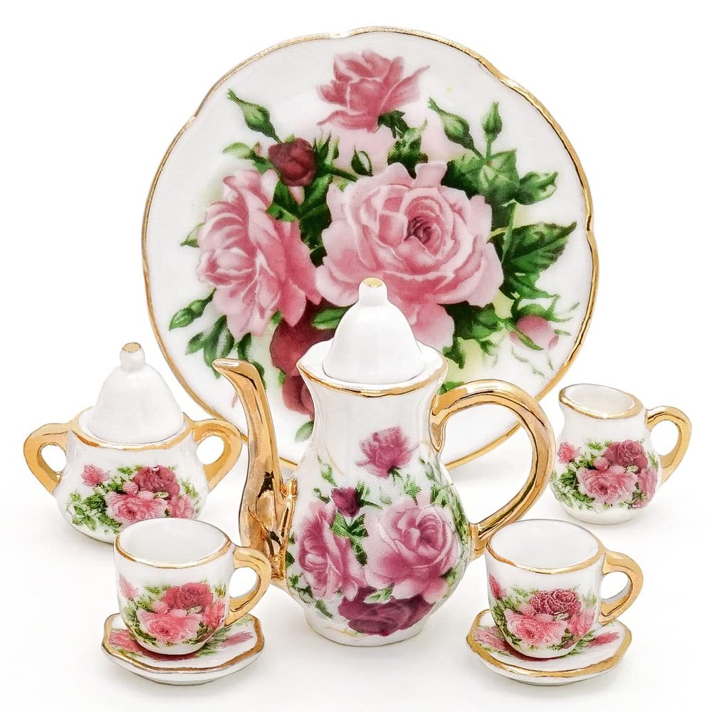 Odoria 1/6 Miniature Porcelain Tea Set 8Pcs Dollhouse Decoration Accessories, Red Rose