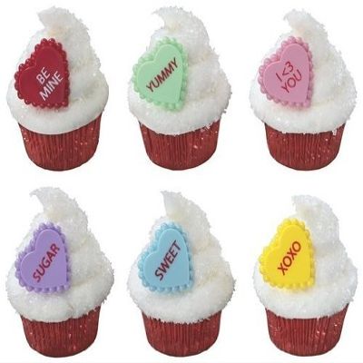 12 Plastic Conversation Heart Valentines Day Cupcake Rings Cake Toppers
