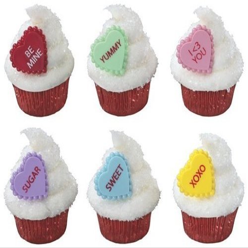 12 Plastic Conversation Heart Valentines Day Cupcake Rings Cake Toppers