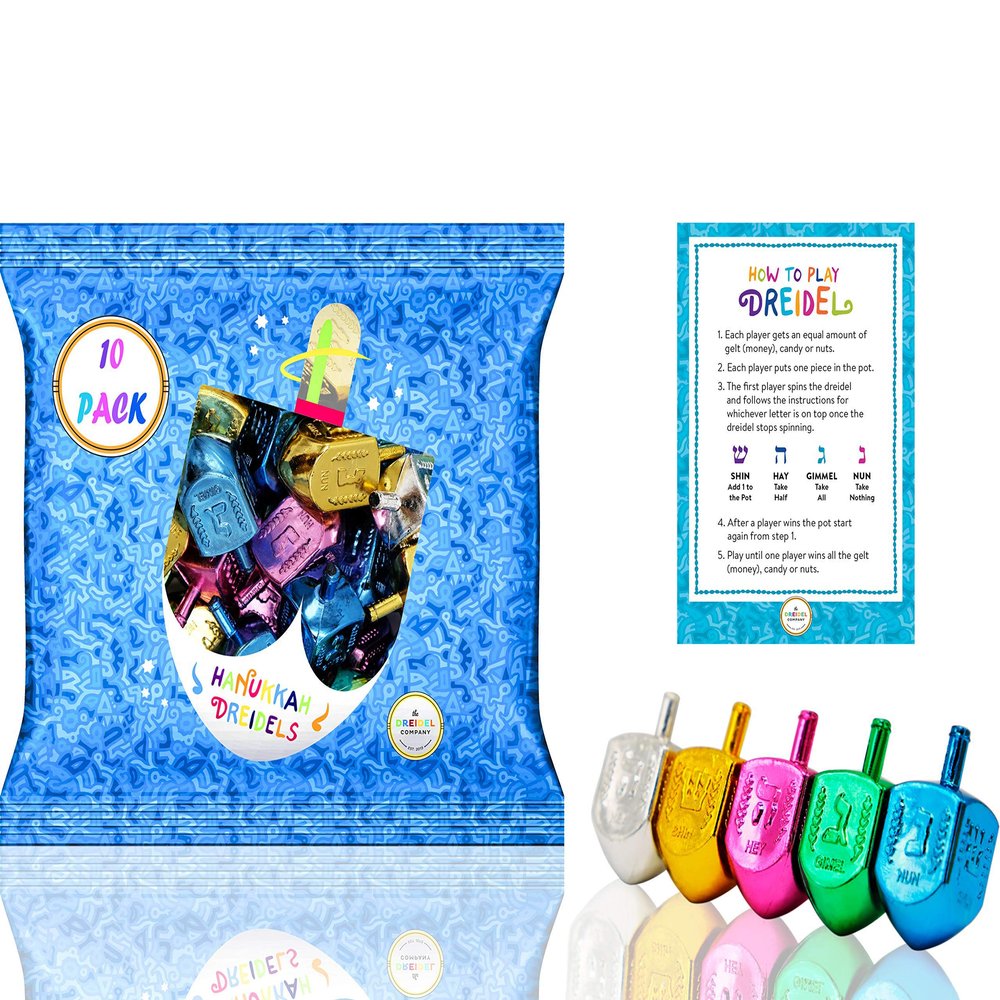 The Dreidel Company 10-Pack Hanukkah Dreidels Metallic Multi-Colored Dreidels with English Translation, Spinning Tops Includes Dreidel Game Instruction Card