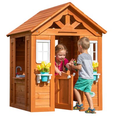Backyard Discovery Timberlake Cedar Wooden Kids Playhouse Cottage with Play Kitchen, Snack Bar, Half Door, Toy Phone, Windows, Flowerpot Holders for Outdoor Imaginative Play