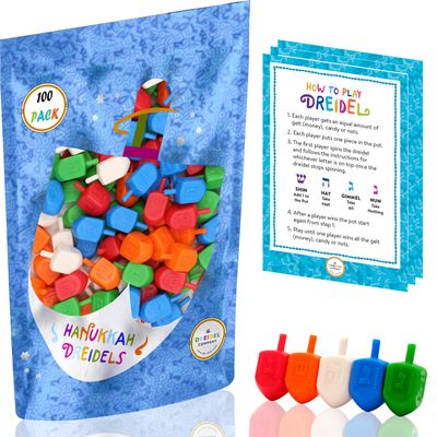 100-Pack Hanukkah Dreidels Multicolor Plastic Chanuka Draydels with English Transliteration, Includes Dreidel Game Instruction Cards