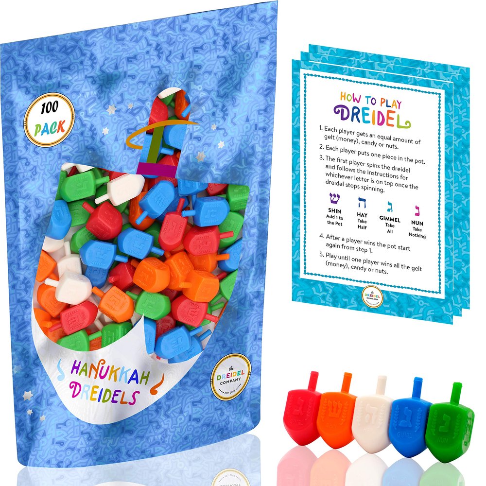 100-Pack Hanukkah Dreidels Multicolor Plastic Chanuka Draydels with English Transliteration, Includes Dreidel Game Instruction Cards