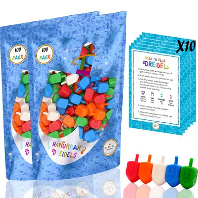 Hanukkah Dreidels 200-Pack Multicolor Plastic Chanuka Draydels with English Transliteration, Includes Dreidel Game Instruction Cards (200-Pack)