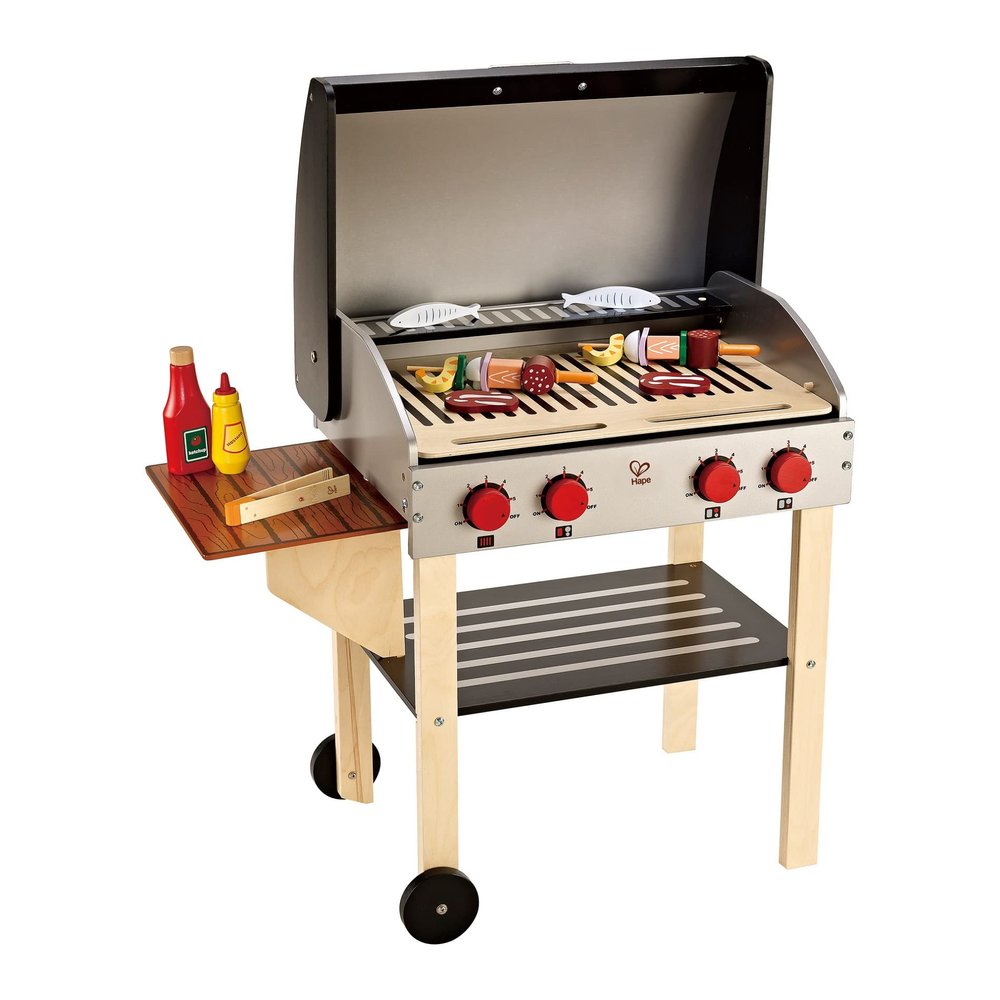 Hape Wooden Gourmet Grill and Shish Kabob| Pretend Playset Cooking Sets with Play Food for Kids