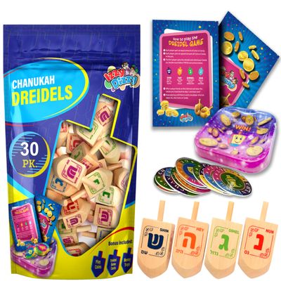 Izzy 'n' Dizzy Medium Wood Dreidels with Classic Chanukah Spinning Draidel Game, Gift and Prize - Bulk (Pack of 30)