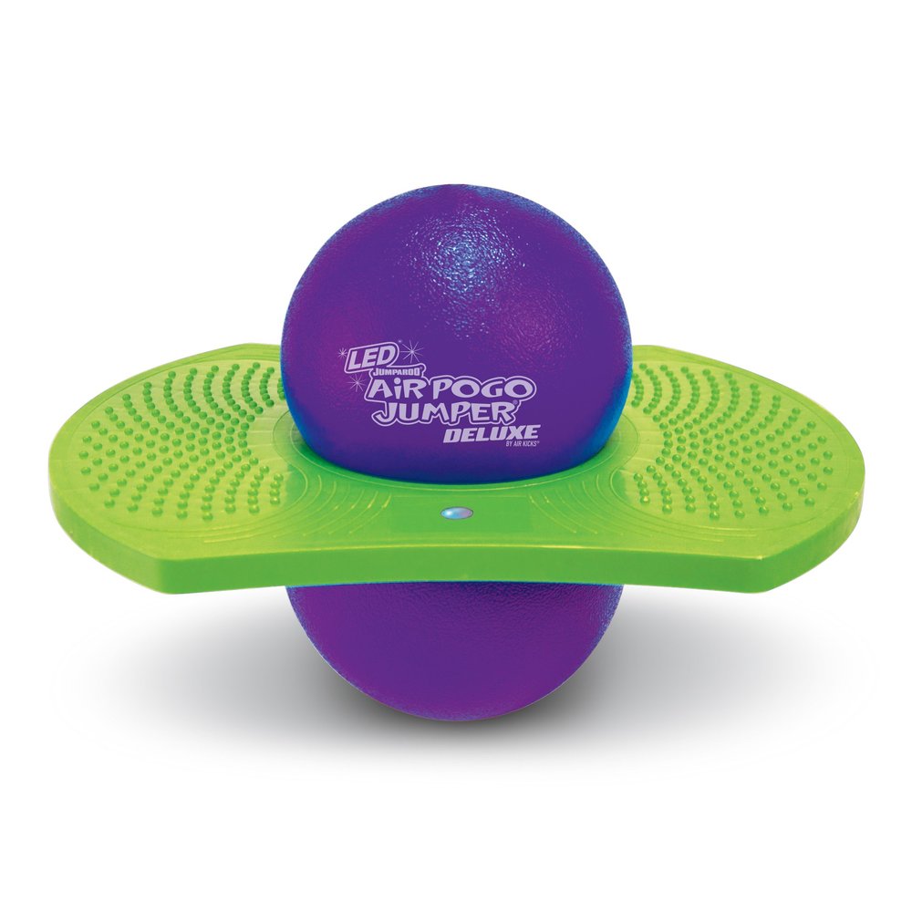 Geospace Original LED AIR POGO Jumper Deluxe with Motion-Activated Lights, Indoor or Outdoor Trick Bounce Board for Boys, Girls, Teens Ages 6+ or up to 160 lbs, Pump Included (Purple/Green)