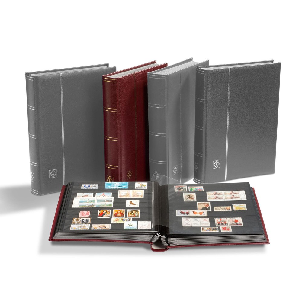 LIGHTHOUSE PREMIUM Bonded Leather Cover Stockbook for Stamps - 64 Black Cardstock A4 Pages with Clear Strips and Double Linen Hinges - Red