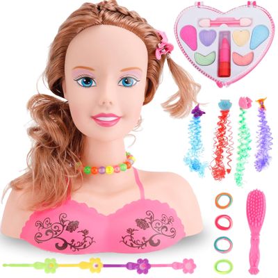 Makeup and Hair Styling Doll Head Toy Kit - Kids Pretend Play Set with Real Washable Cosmetics and Style Accessories for Little Girls