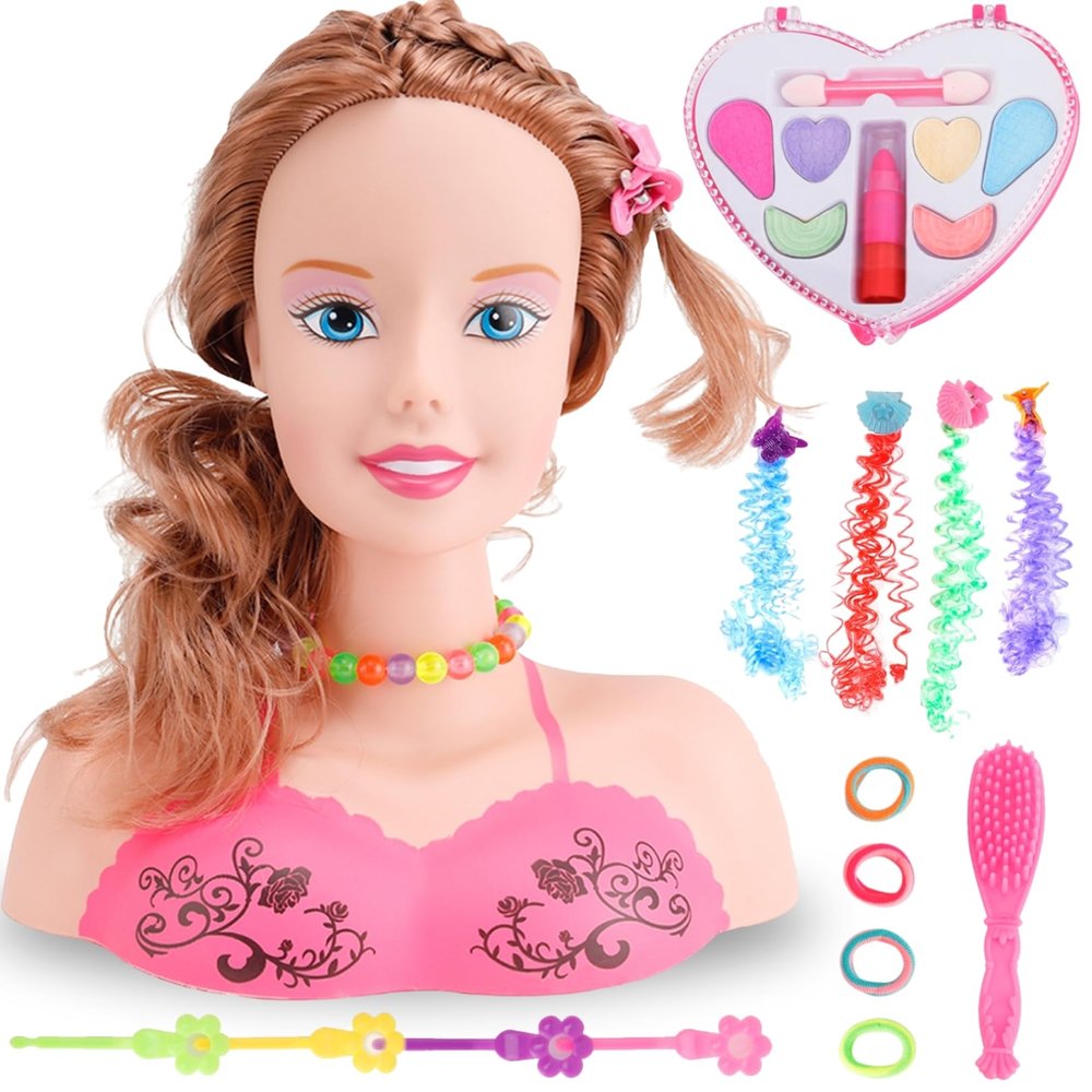 Makeup and Hair Styling Doll Head Toy Kit - Kids Pretend Play Set with Real Washable Cosmetics and Style Accessories for Little Girls