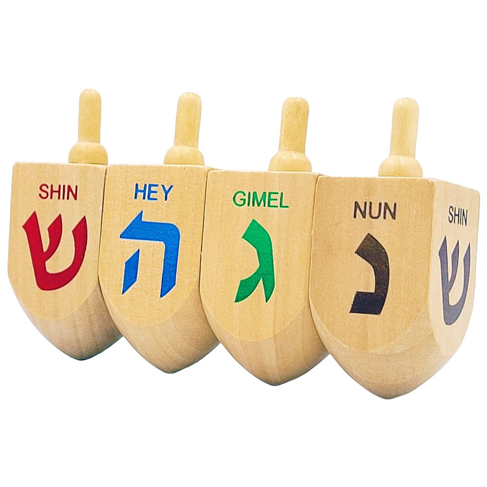 The Dreidel Company Hanukkah Dreidel 4 Extra Large 3" Inch Wooden Dreidels Hand Painted - Includes Game Instruction Cards- (4-Pack XL Dreidels)