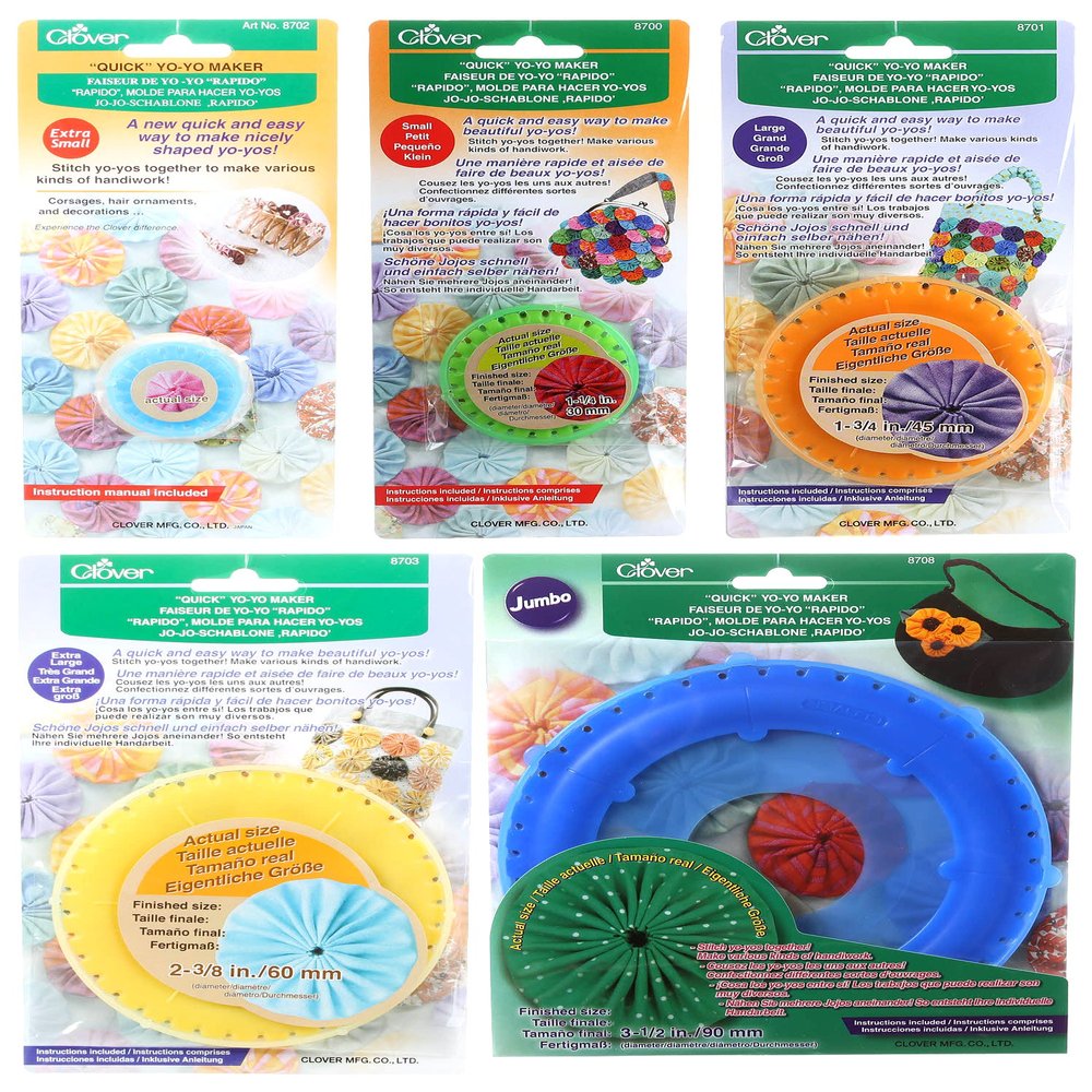 Bundle of Five (5) Quick Yo-Yo Makers: Extra Small (makes 3/4" yo-yos), Small (makes 1.25" yo-yos), Large (makes 1.75" yo-yos), Extra Large (makes 2-3/8" yo-yos), and Jumbo (makes 3.5" yo-yos)