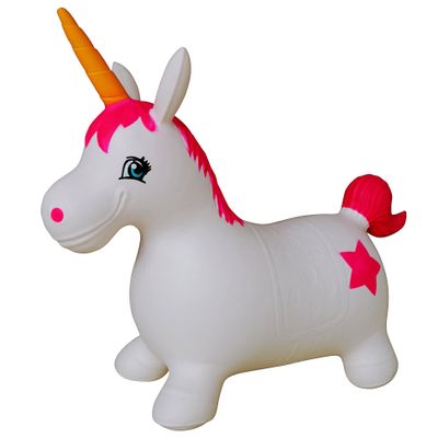 AppleRound Unicorn Bouncer with Hand Pump, Inflatable Space Hopper, Ride-on Bouncy Animal for Children (White)