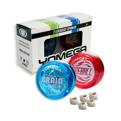 Yomega 2 Legendary Spinners The Original Yoyo with A Brain and Fireball Transaxle Yo-Yo for All Level String Trick Play + 5 Extra Strings (Fireball Red-Brain Blue)