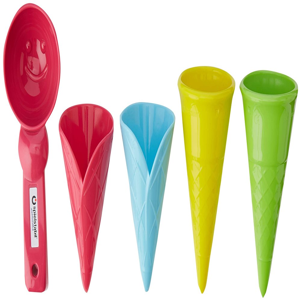 Spielstabil Ice Cream Duo in net - 4 Plastic Cones & Scooper for Use in The Sand or with Real Food (Made in Germany)