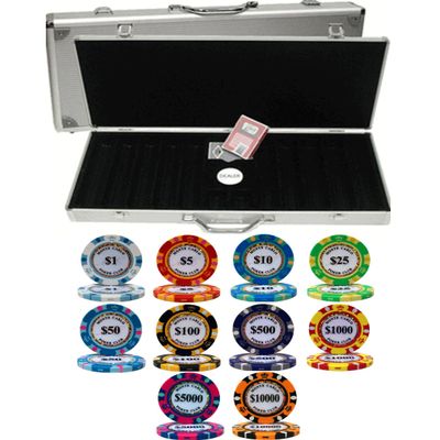 Brybelly Monte Carlo Home Style 14gm 500 Chip Clay Poker Set with Aluminum Case - Comes with 3 Bonus Dealer Button Set!