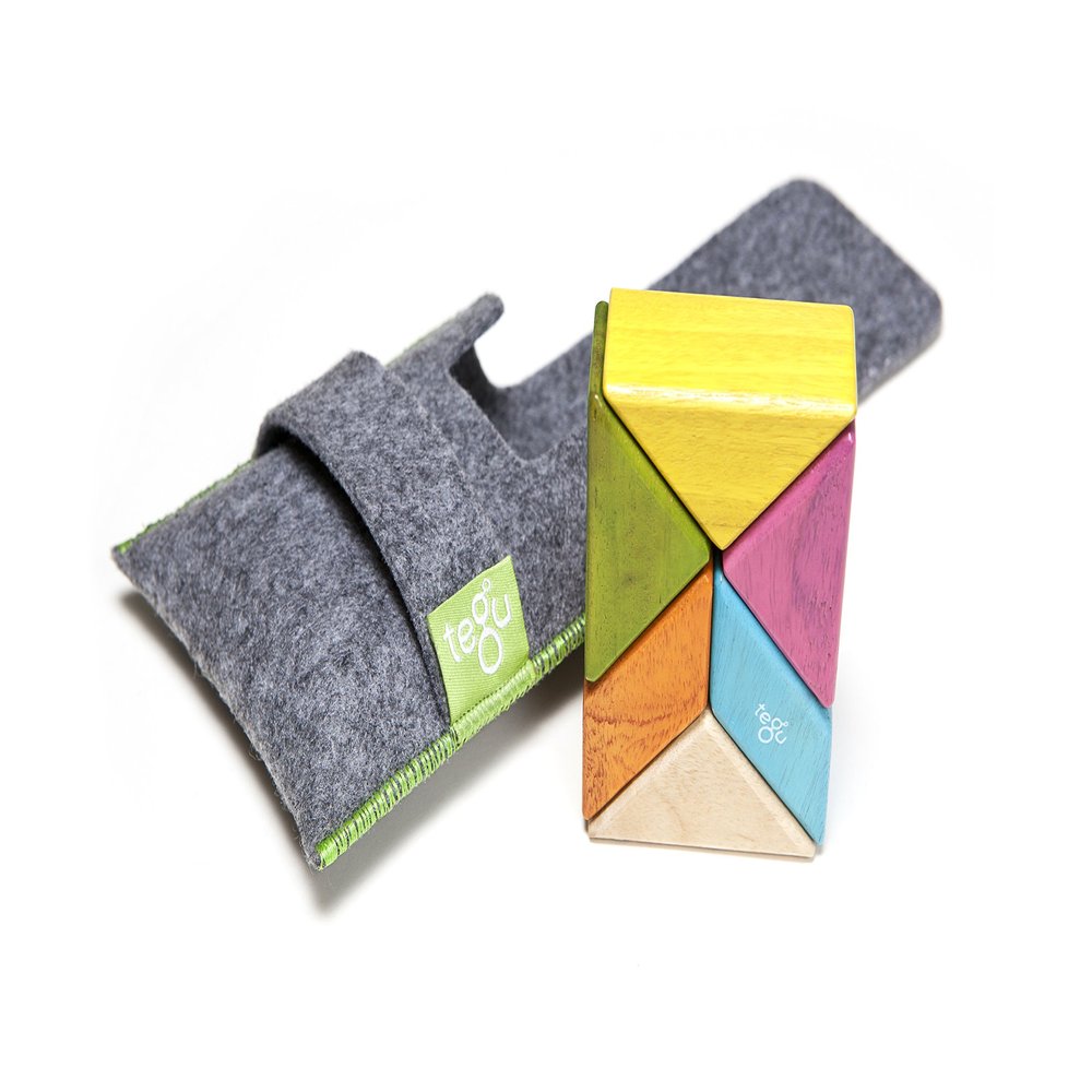6 Piece Tegu Pocket Pouch Prism Magnetic Wooden Block Set, Tints