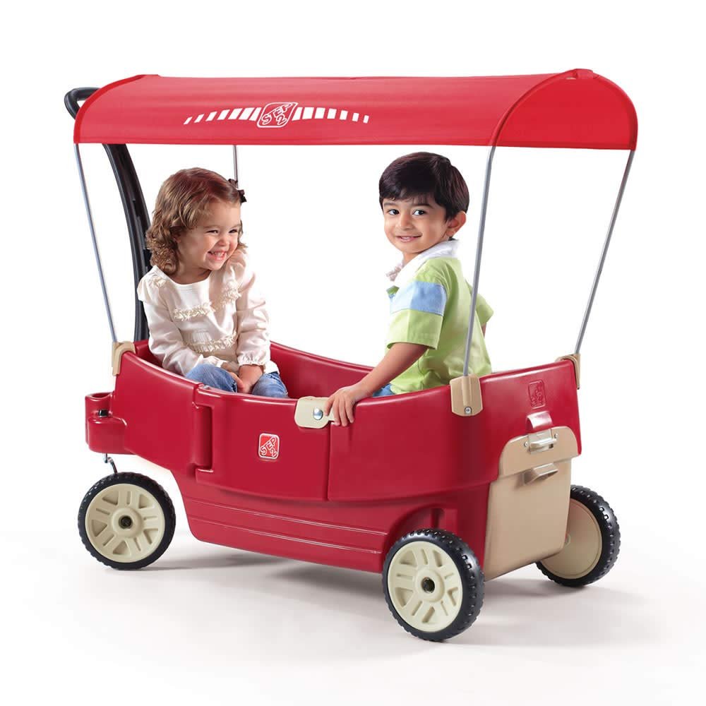 Step2 All Around Canopy Wagon, Kids Ride On Toy, Stroller Substitute, Includes Seat Belts, Made of Durable Plastic, Max Weight 75 lbs., For Toddlers 1.5-5 Years Old