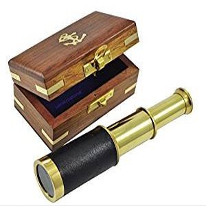 6" Nautical Handheld Shiny Brass Finish Black Leather Marine Pirate Navigation Telescope with Wooden Box
