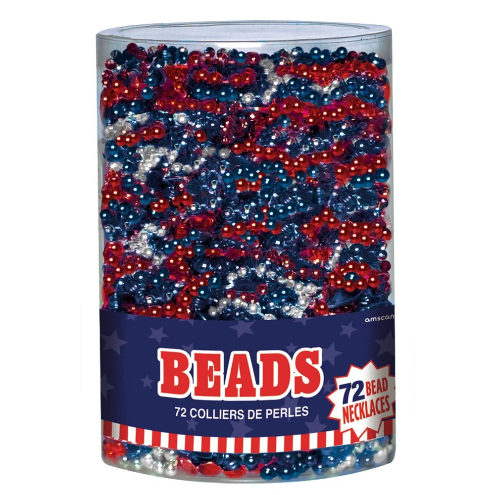 Amscan Metallic Bead Necklaces Party Favors, 30", Red, Blue & Silver