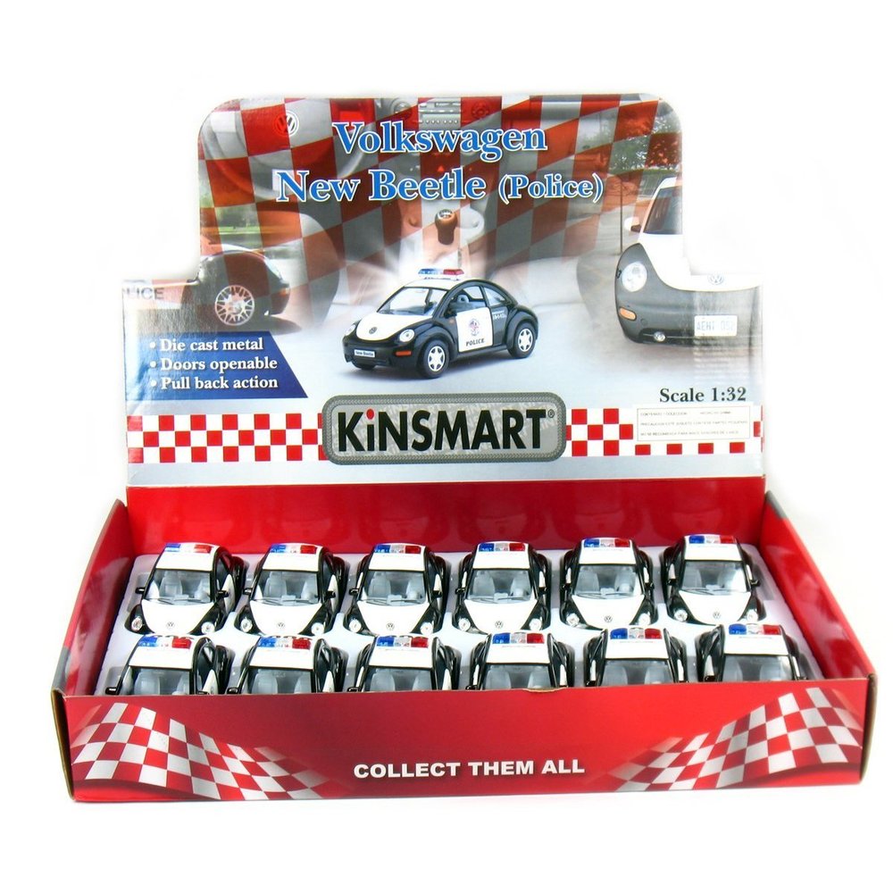 12 pcs in Box: 5" Volkswagen Beetle Police Car 1:32 Scale (Black/White)