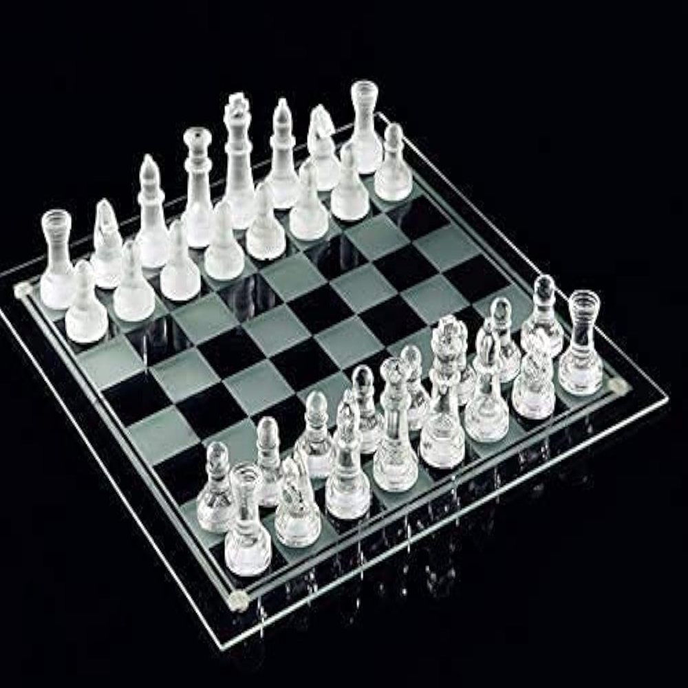 10"*10" Glass Chess Set Frosted and Clear Pieces Felted Bottom for Adult and TeensGift for Game Education