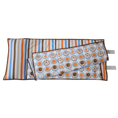 Bacati - 100% Cotton Percale Breathable Fabrics Nap Mat with Pillow for Toddler Boys, Measures 50 x 20 x 1.5 Inches, Ideal for Daycare and Preschool, Sleepovers (MOD Sports, Blue/Orange/Brown)
