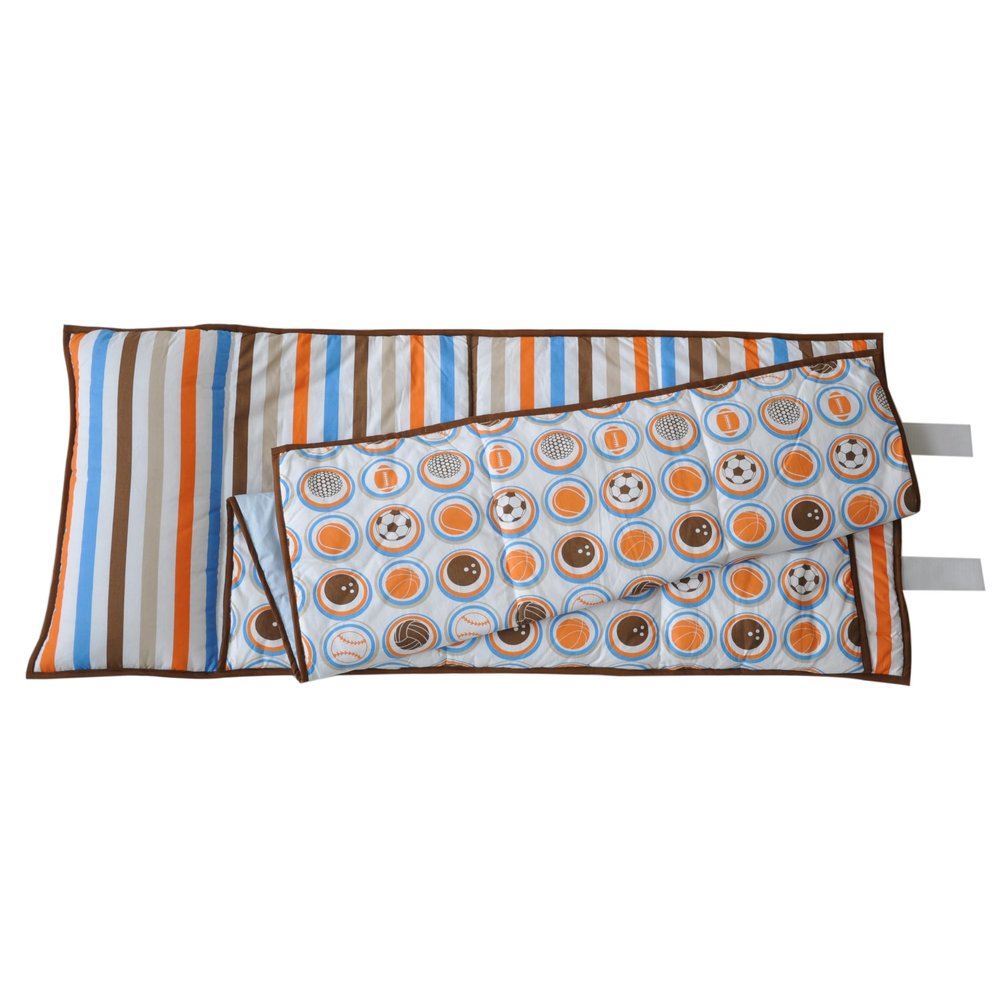 Bacati - 100% Cotton Percale Breathable Fabrics Nap Mat with Pillow for Toddler Boys, Measures 50 x 20 x 1.5 Inches, Ideal for Daycare and Preschool, Sleepovers (MOD Sports, Blue/Orange/Brown)