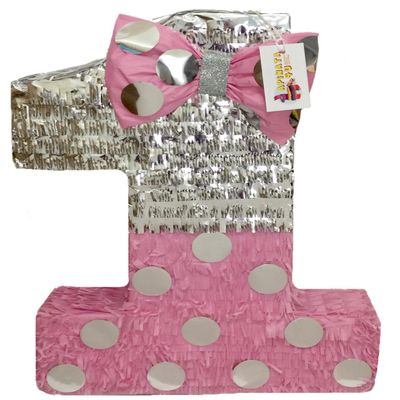 20" Tall Pink & Silver Number One Pinata with Bow Princess Themed Party Pink & Silver Party Supplies Decorations First Birthday