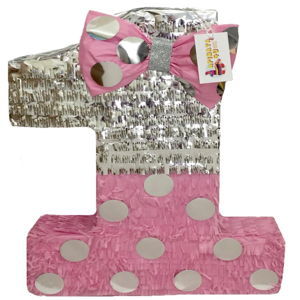 20" Tall Pink & Silver Number One Pinata with Bow Princess Themed Party Pink & Silver Party Supplies Decorations First Birthday