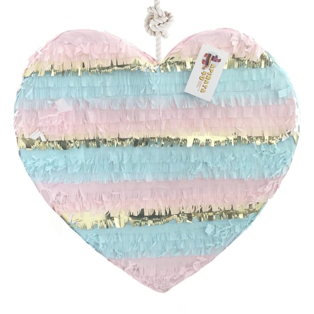 17" Gender Reveal Pinata Heart Shaped Pink Blue & Gold Color Valentine's Day Gender Reveal