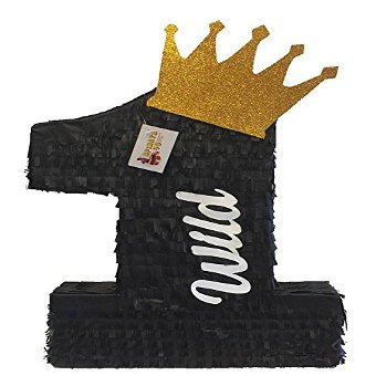 APINATA4U Large 20" Number One Pinata Gold Crown Wild Theme Black Color First Birthday Little Wild One Party Decoration