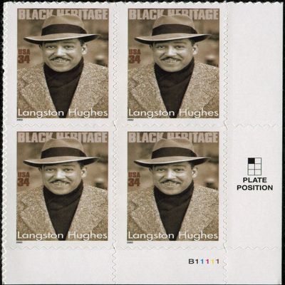 2002 LANGSTON HUGHES ~ AUTHOR ~ BLACK HERITAGE ~ ACTIVIST ~ BLACK HISTORY #3557 Plate Block of 4 x 34 US Postage Stamps