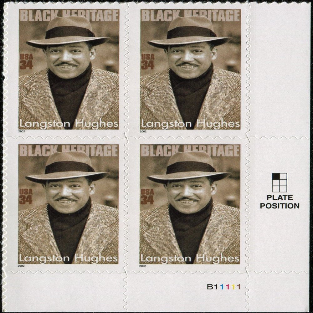 2002 LANGSTON HUGHES ~ AUTHOR ~ BLACK HERITAGE ~ ACTIVIST ~ BLACK HISTORY #3557 Plate Block of 4 x 34 US Postage Stamps