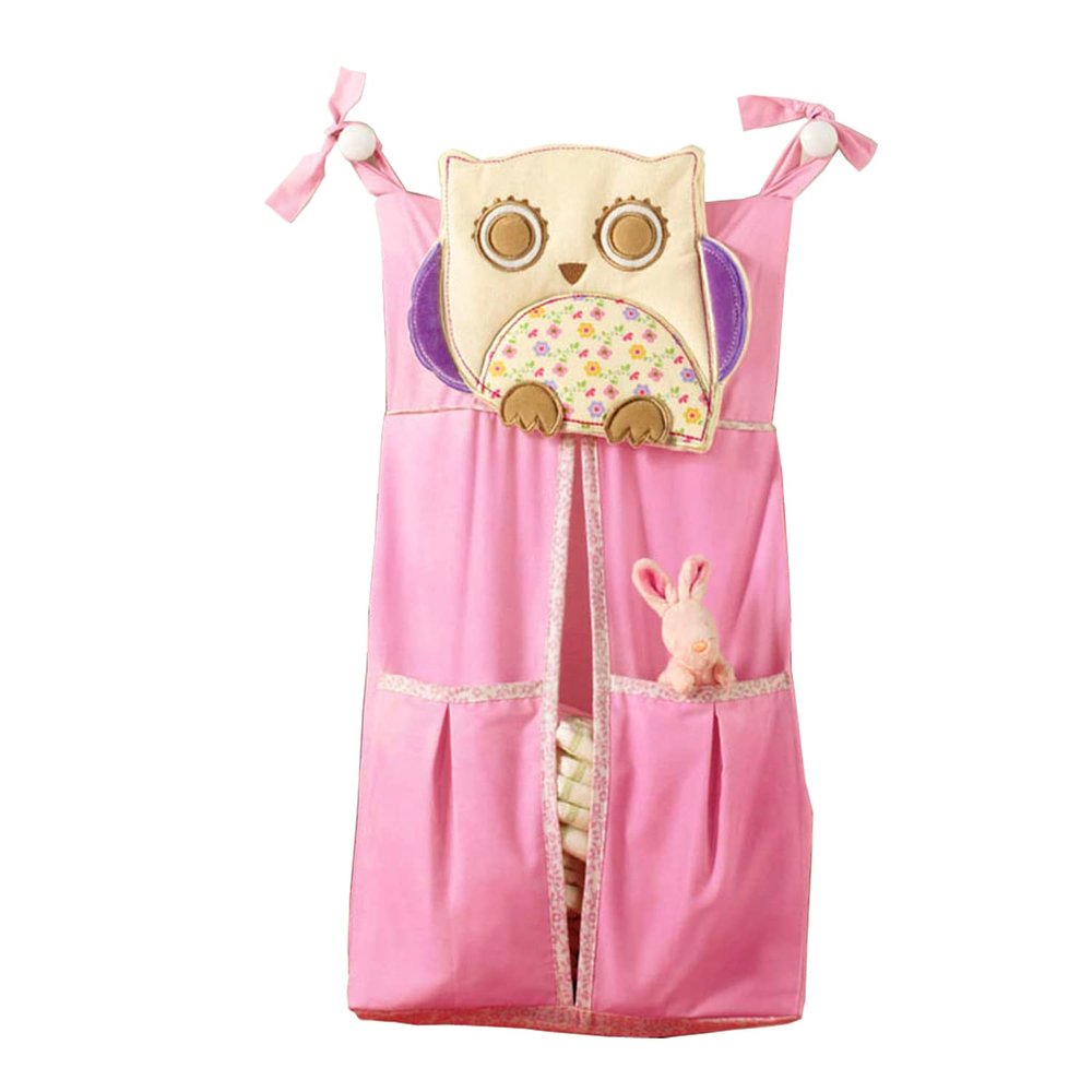 100% cotton Owl Nursery Diaper Stacker with Pockets Pink Owl Baby Diaper Hanging Bag Nursery Organizer for Cribs (pink owl)