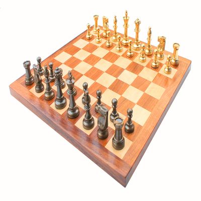 16" X 16 Collectible Acacia Wood Chess Game Board Set+Brass Pieces