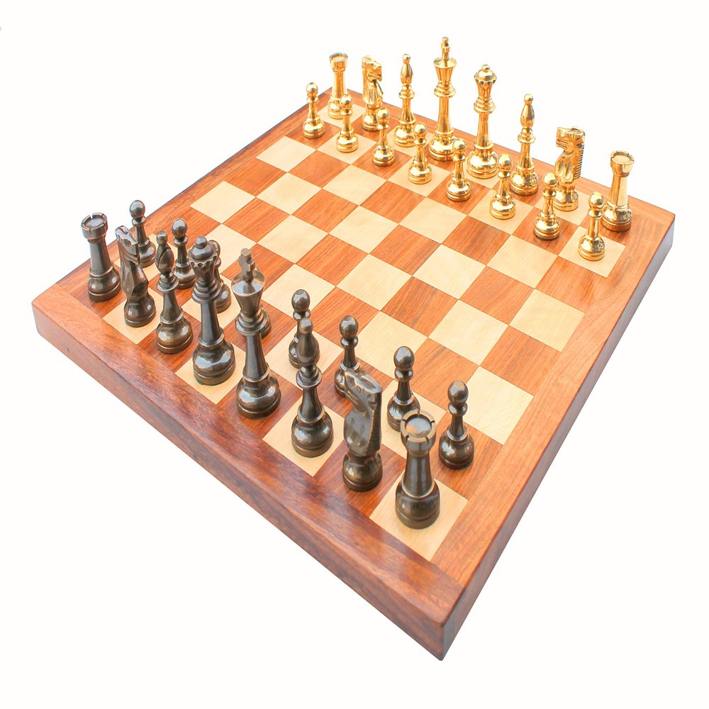 16" X 16 Collectible Acacia Wood Chess Game Board Set+Brass Pieces