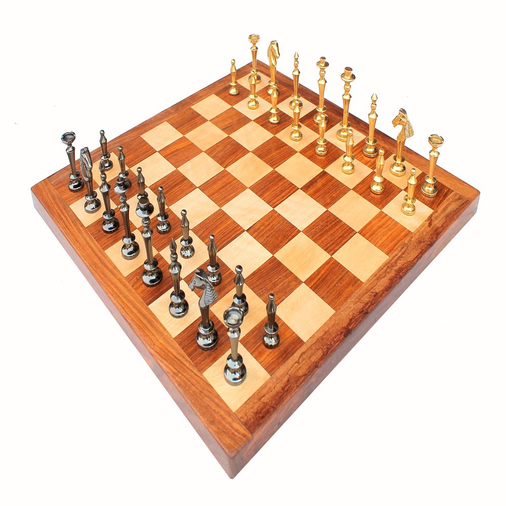 16" X 16" Collectible Acacia Wood Chess Game Board Set+Brass Pieces