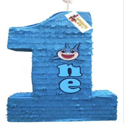 20" Tall Number One Pinata Color Blue with Shark Accent Number One First Birthday Babys Party Shark Party Supplies