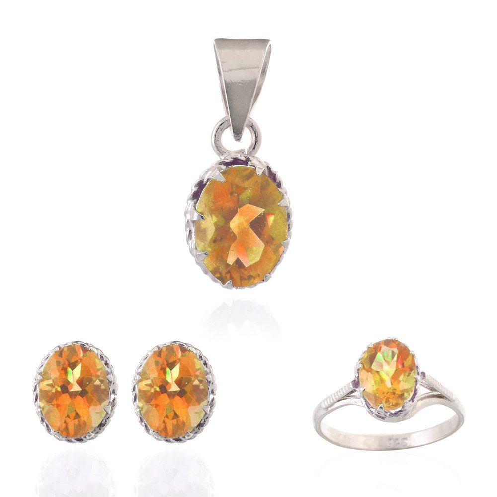 Neerupam Collection Contemporary Golden-Yellow Citrine Real Gemstones Rhodium Plated Sterling Silver Earring, Ring & Pendant Set for Women