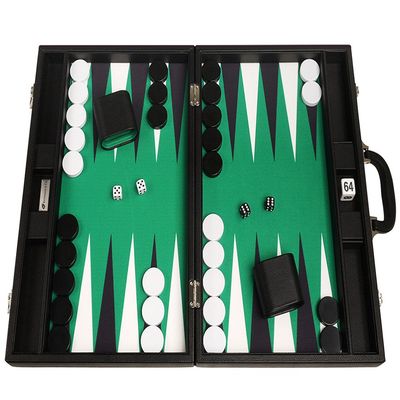19-inch Premium Backgammon Set - Large Size - Black Board, Green Playing Surface, Black and White Points