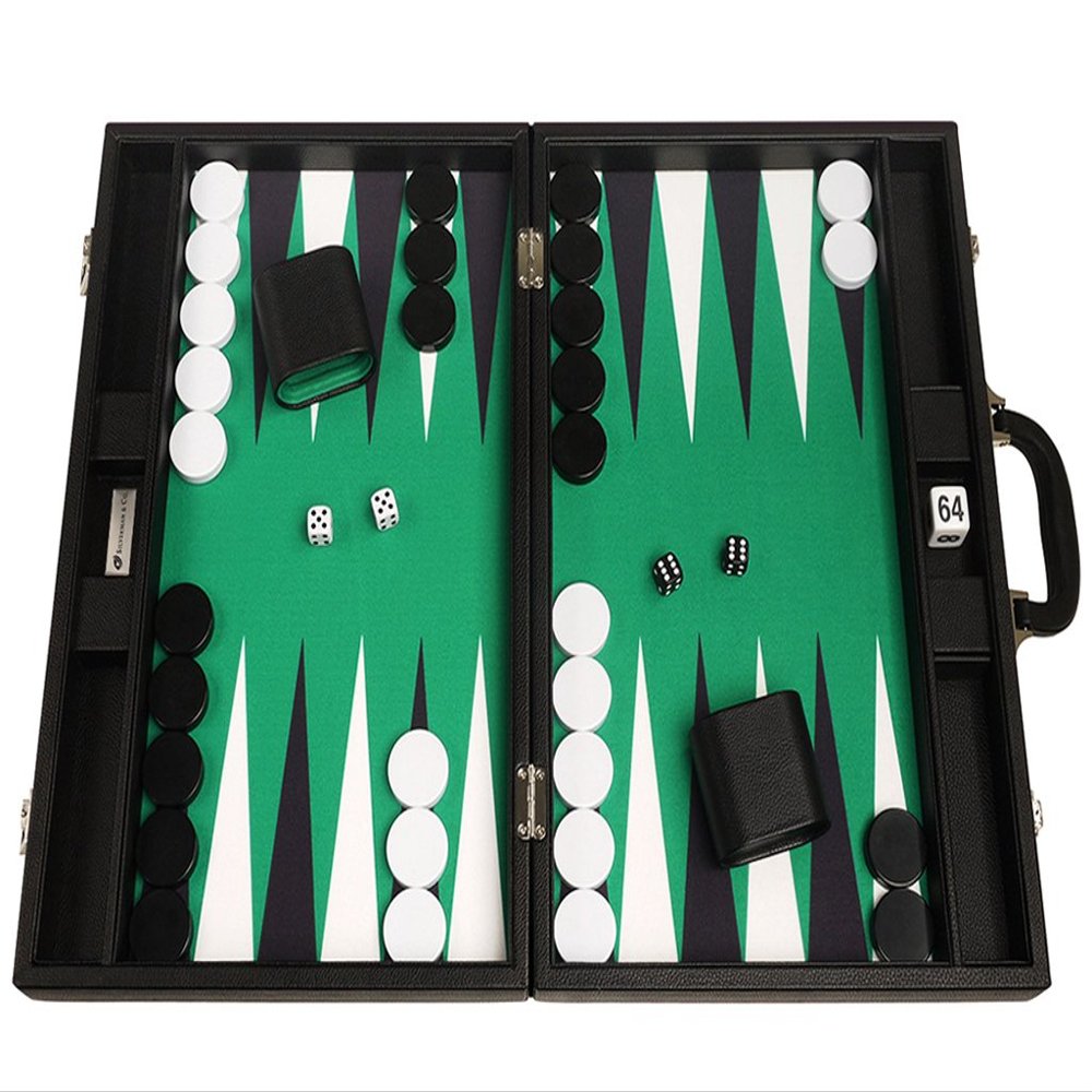 19-inch Premium Backgammon Set - Large Size - Black Board, Green Playing Surface, Black and White Points